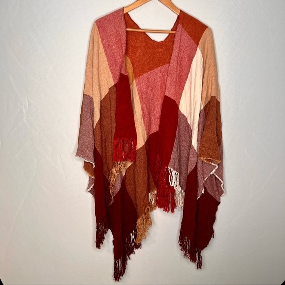 Plaid Color-Block Cozy Autumn Fringed Draped Shawl. One Size Fits All. - Picture 2 of 9
